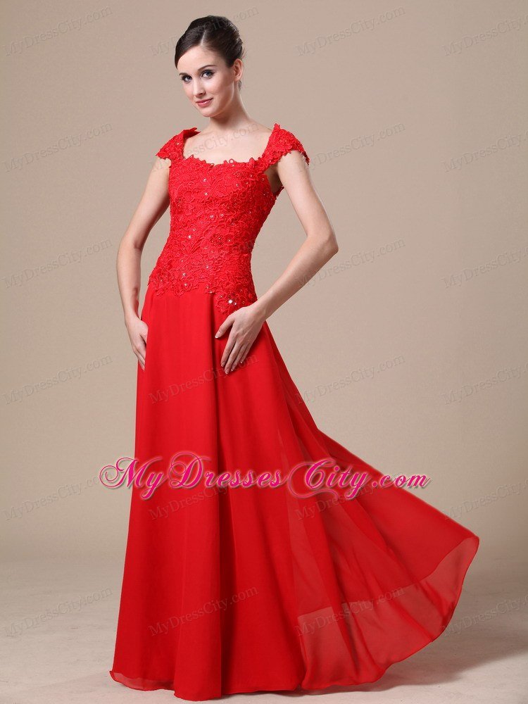 Lace Chiffon Square Red Column Cap Sleeves Prom Dress For 2013