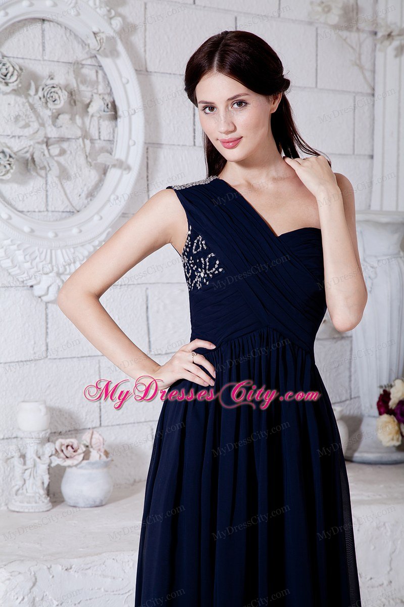 2013 Navy Blue One Shoulder Ruches Long Prom Dress for Girl