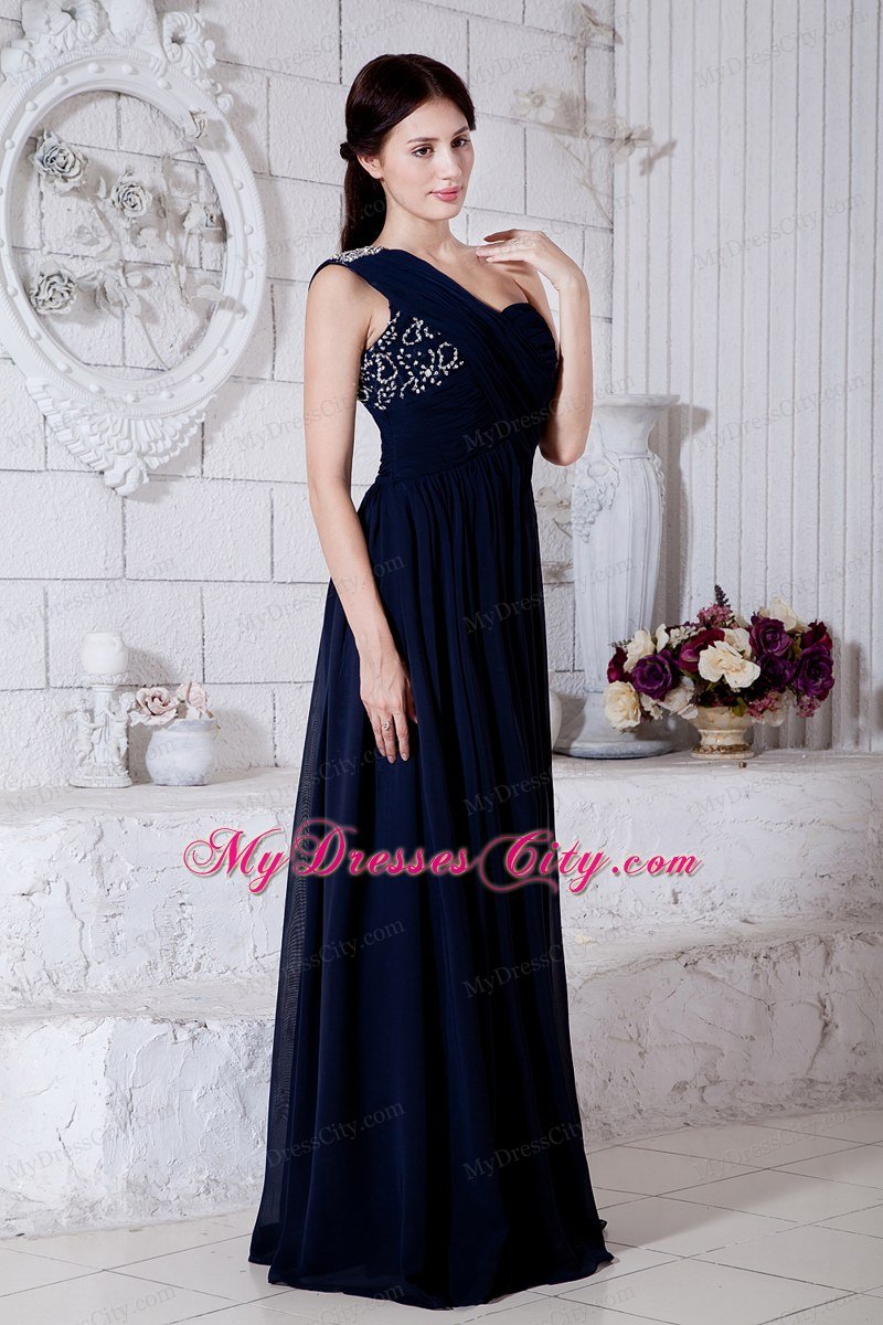 2013 Navy Blue One Shoulder Ruches Long Prom Dress for Girl