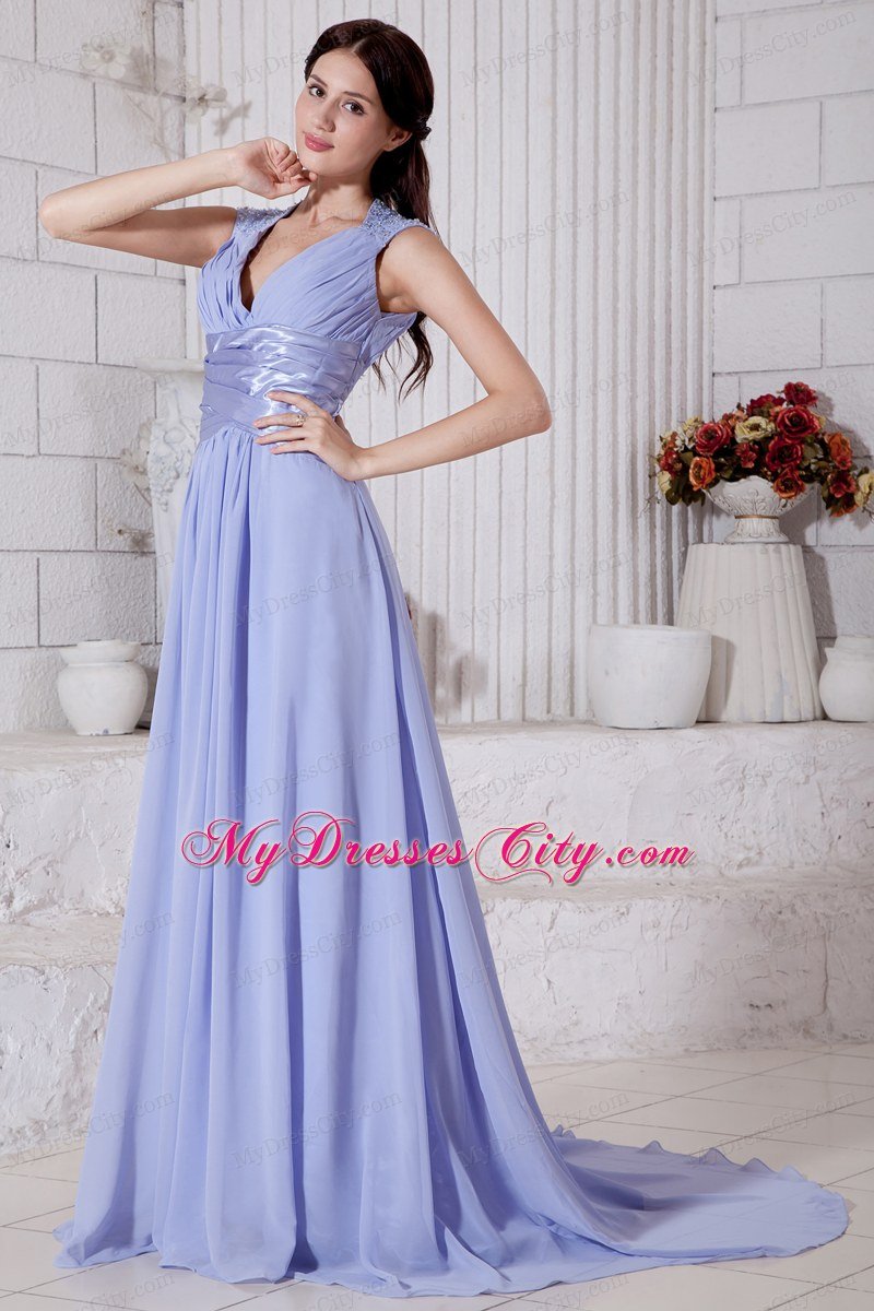 Lilac V-neck Ruches Court Train Prom Dress for Cheap 2013