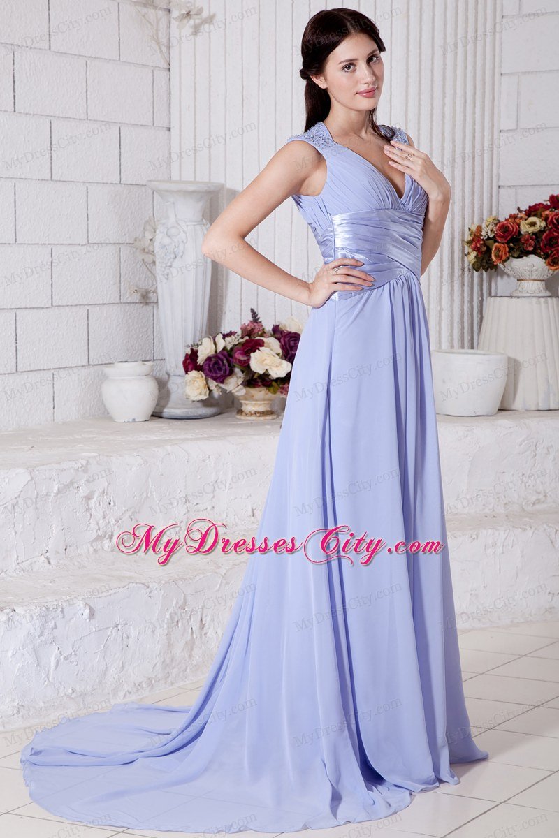 Lilac V-neck Ruches Court Train Prom Dress for Cheap 2013