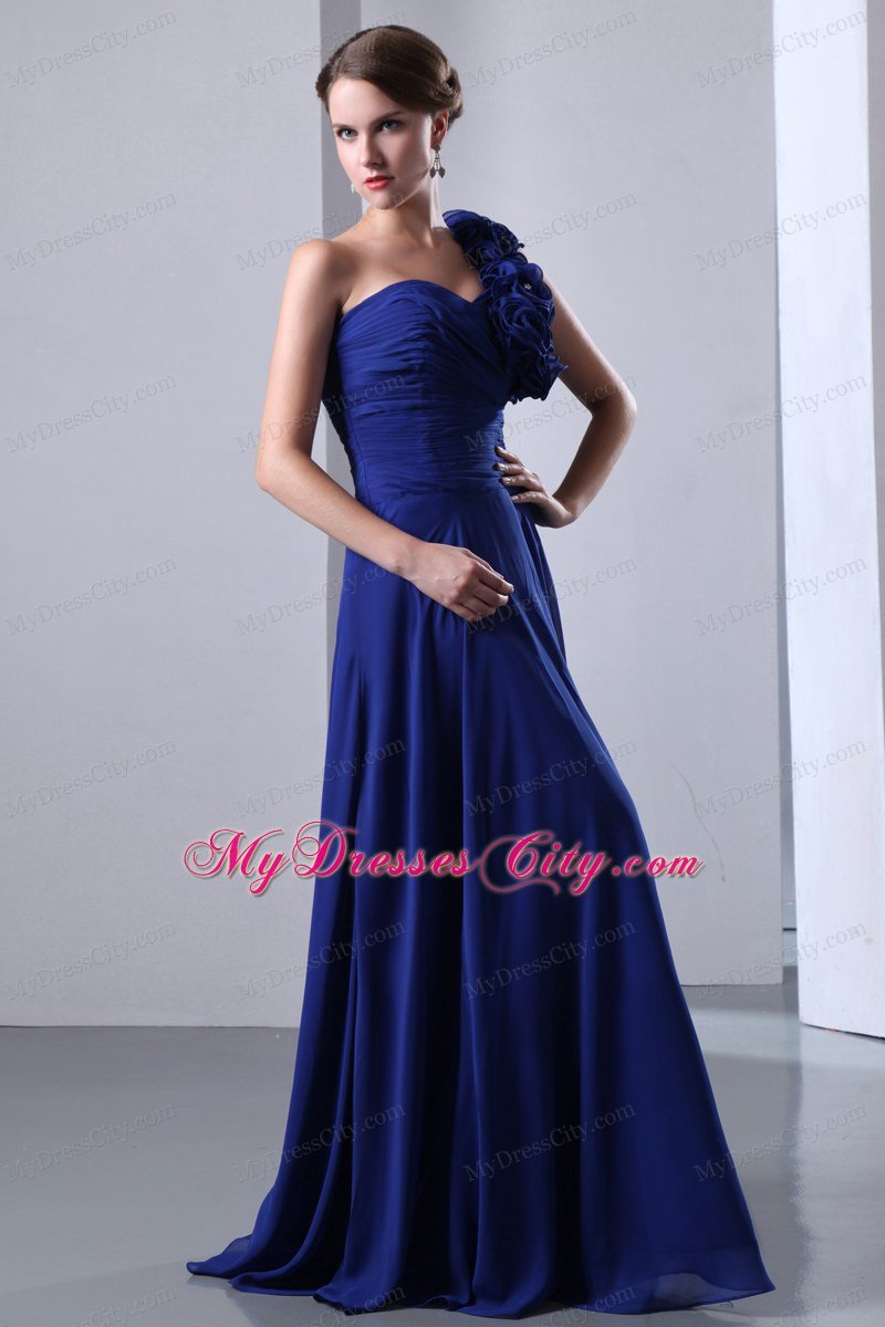 Popular Blue Flower One Shoulder Junior Prom Dress with Chiffon