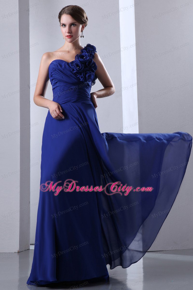 Popular Blue Flower One Shoulder Junior Prom Dress with Chiffon