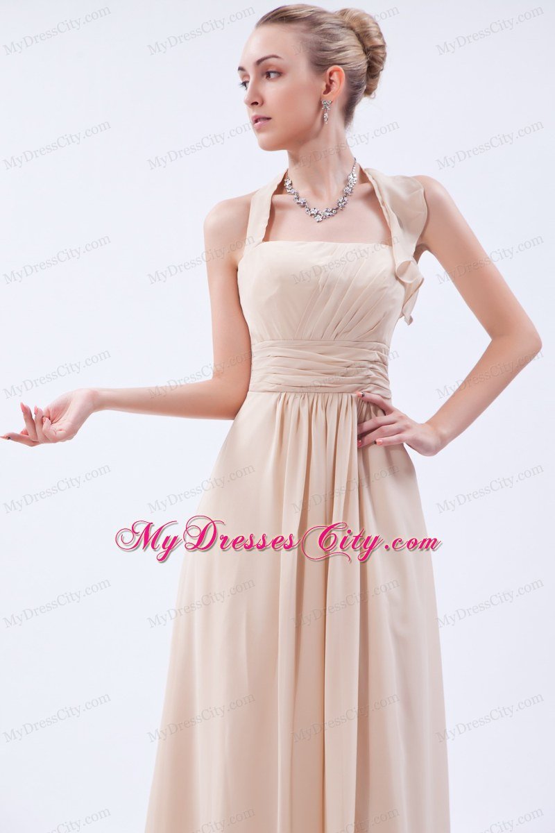 Ruched Empire Halter Chiffon Champagne Prom Dress with Zipper Back