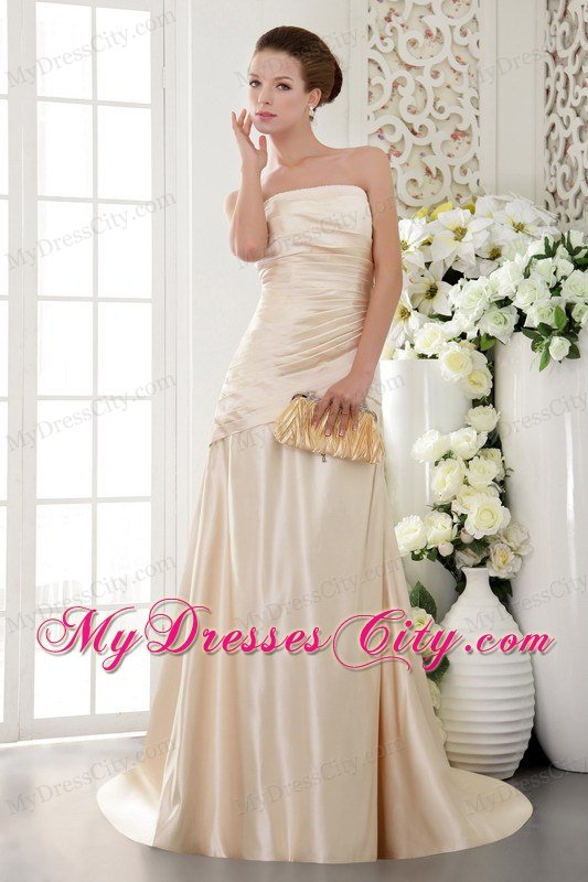 Champagne Sheath Strapless Taffeta Prom Celebrity Dress with Brush Train