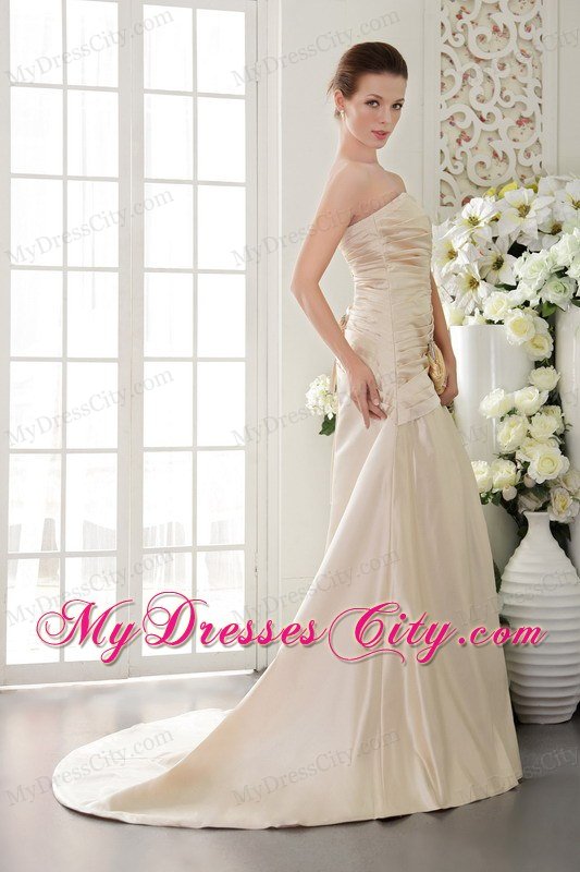 Champagne Sheath Strapless Taffeta Prom Celebrity Dress with Brush Train