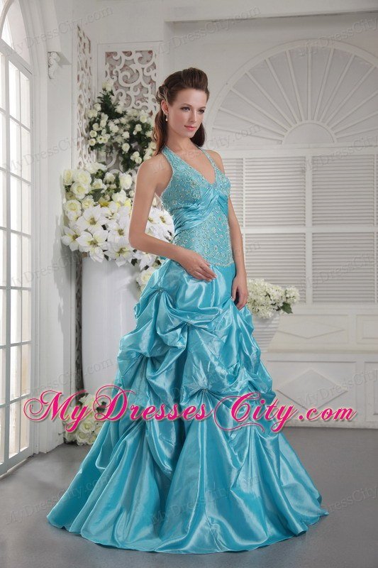 Princess Halter Taffeta Appliques Pick Ups Aqua Blue Prom Dresses