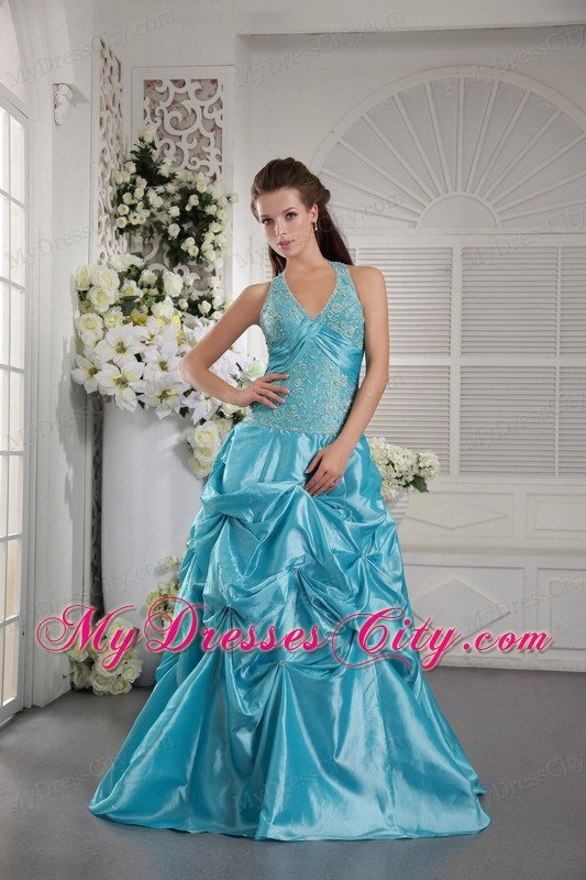 Princess Halter Taffeta Appliques Pick Ups Aqua Blue Prom Dresses