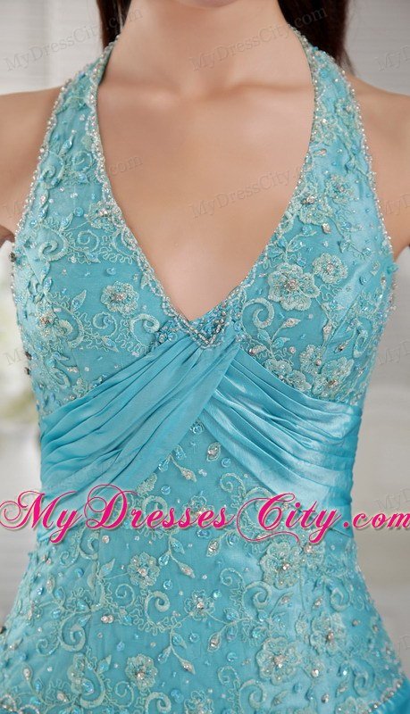 Princess Halter Taffeta Appliques Pick Ups Aqua Blue Prom Dresses