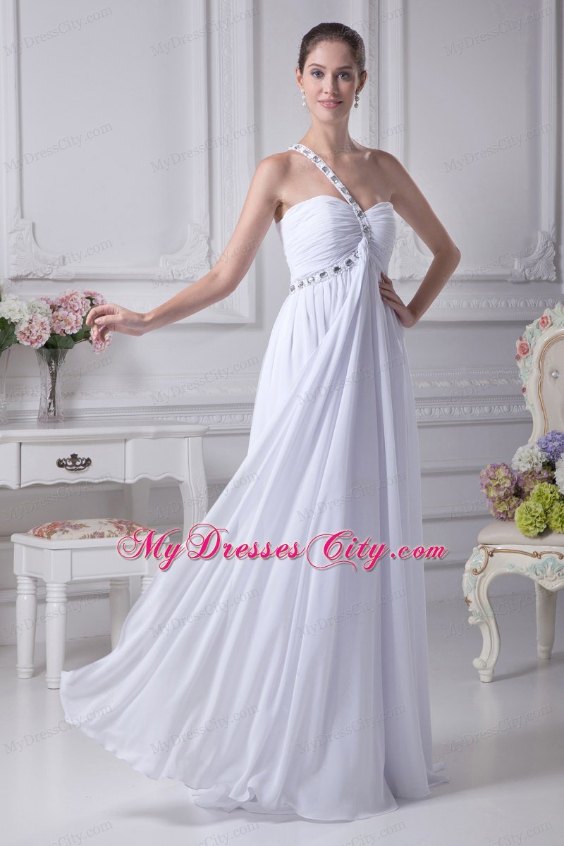 White One Shoulder Beading Ruching Empire Zipper Back Prom Dress