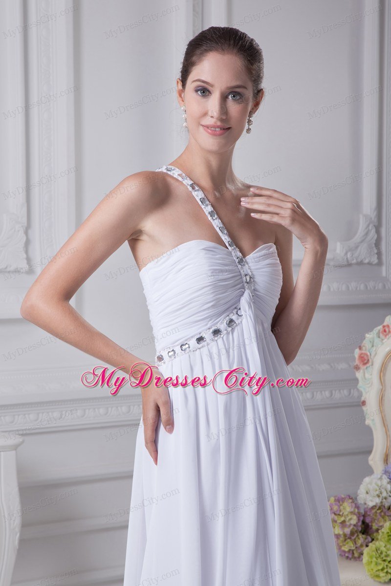 White One Shoulder Beading Ruching Empire Zipper Back Prom Dress
