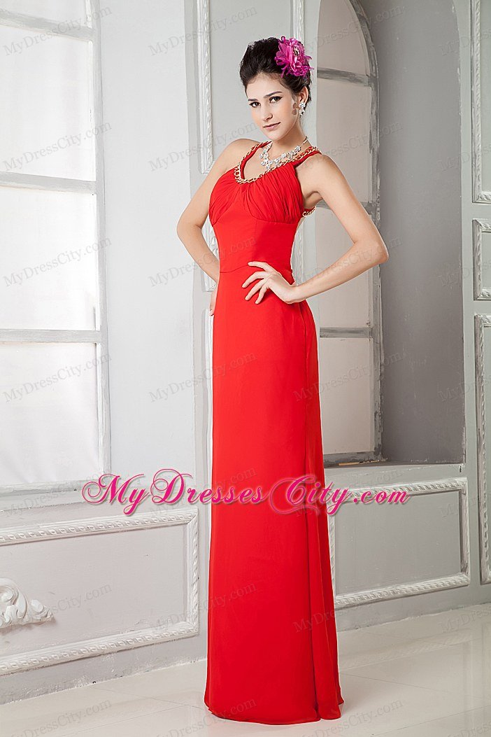 Column Scoop Chiffon Beading Red Prom Dress with Cool Back