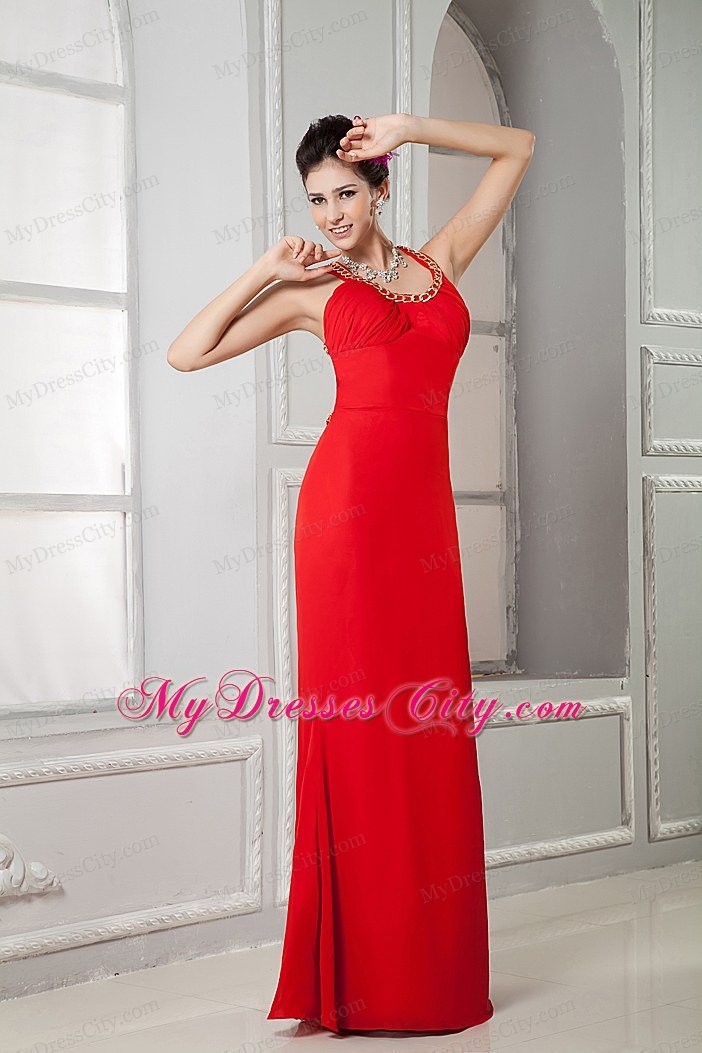 Column Scoop Chiffon Beading Red Prom Dress with Cool Back