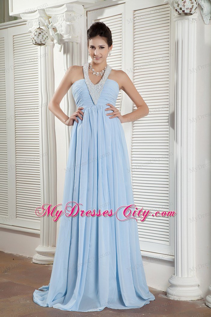 Jeweled Neckline Chiffon Beading Empire Baby Blue Prom Dress for Girls