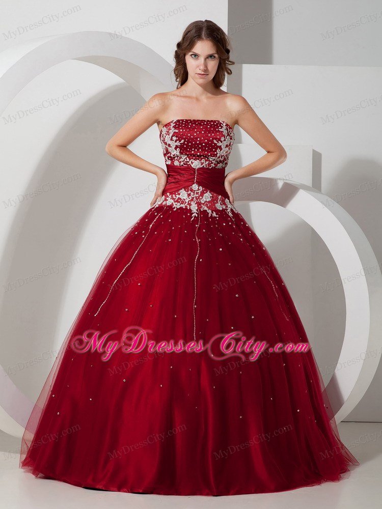 Strapless Appliques Wine Red 2013 Quinceanera Dress With Beading