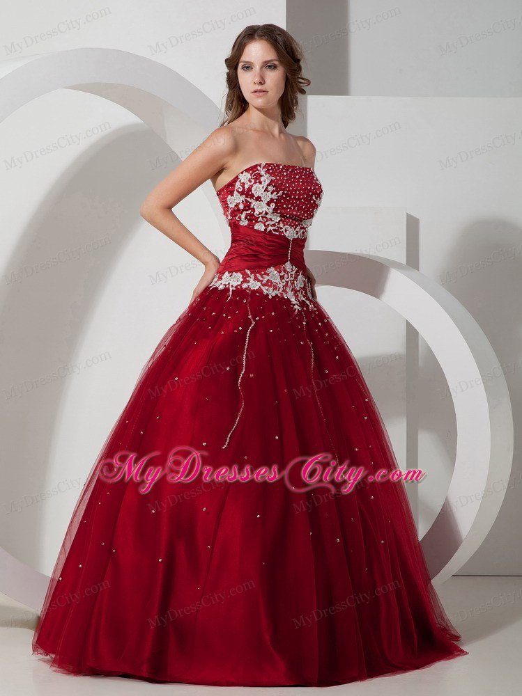 Strapless Appliques Wine Red 2013 Quinceanera Dress With Beading
