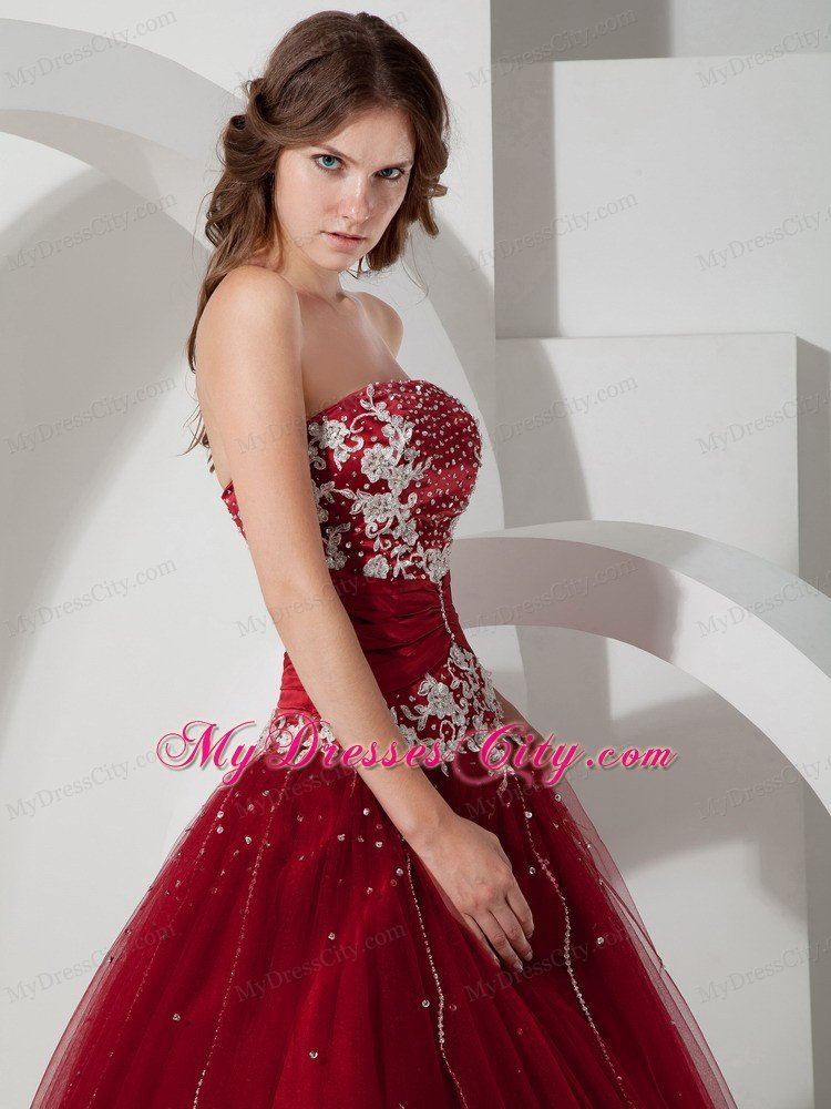 Strapless Appliques Wine Red 2013 Quinceanera Dress With Beading