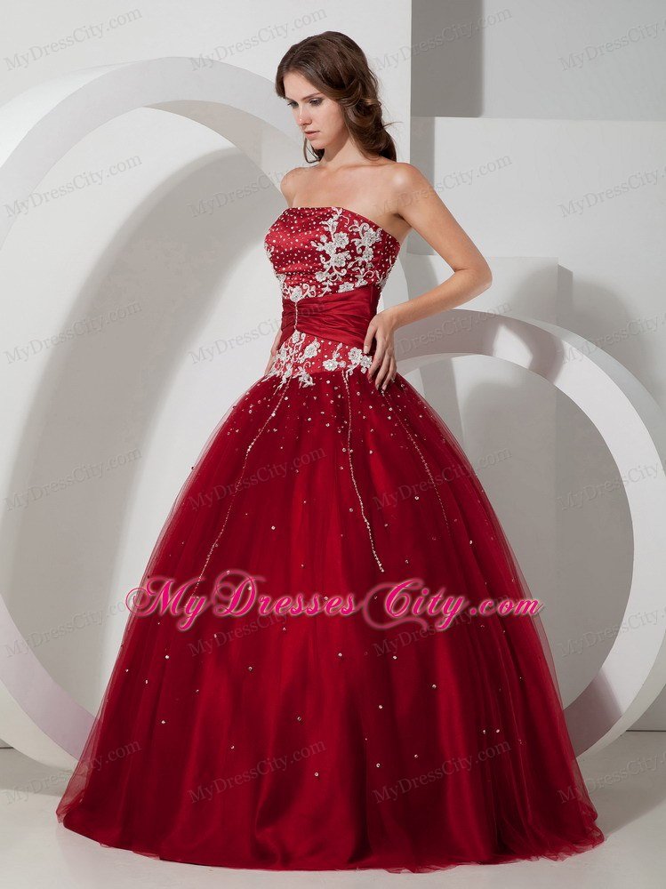 Strapless Appliques Wine Red 2013 Quinceanera Dress With Beading