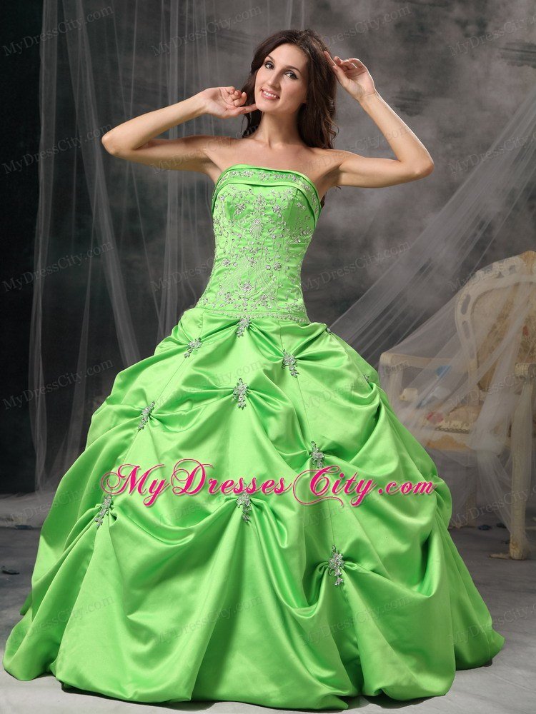 Strapless Appliques With Beading Spring Green Quinceanera Gowns
