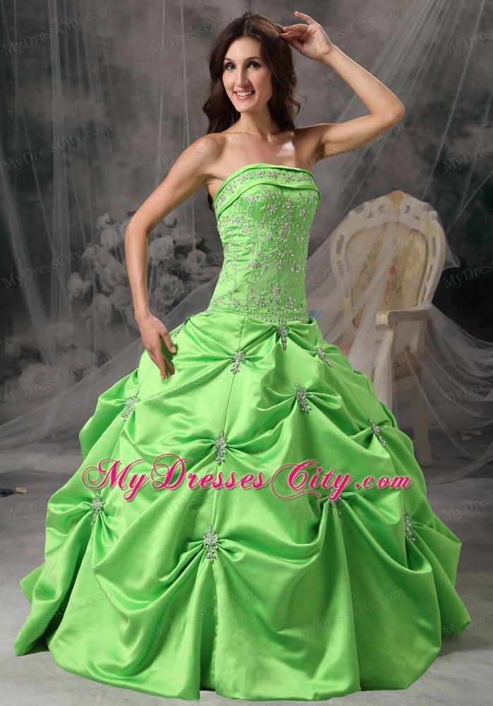 Strapless Appliques With Beading Spring Green Quinceanera Gowns