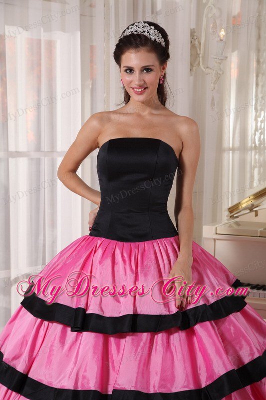 Ruffled Layers Strapless Taffeta Rose Pink and Black Dresses For Sweet 16