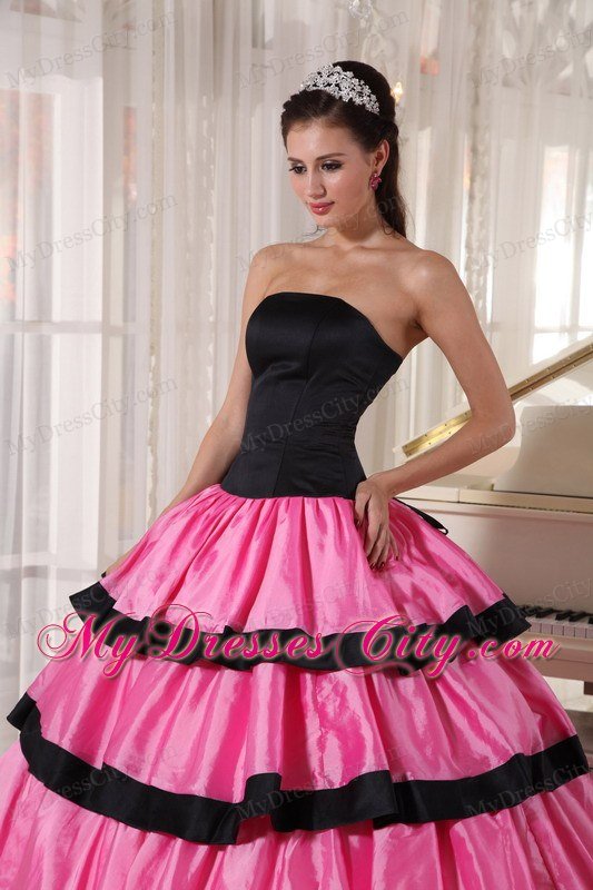 Ruffled Layers Strapless Taffeta Rose Pink and Black Dresses For Sweet 16