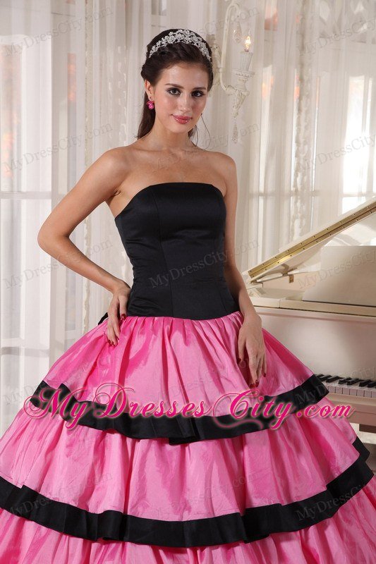 Ruffled Layers Strapless Taffeta Rose Pink and Black Dresses For Sweet 16