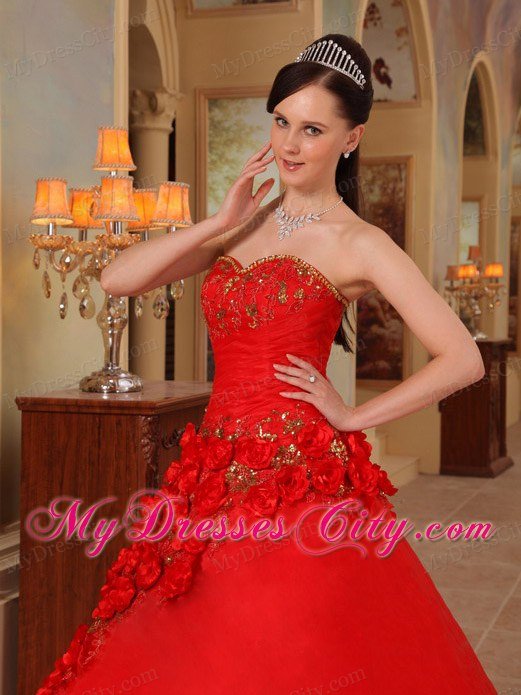 Red Sweetheart Beading Flowers Quinceanera Dress for 2013