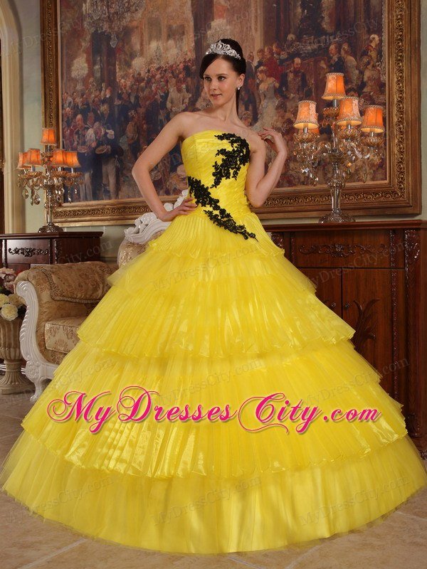 Appliques and Ruffled Layers Strapless Yellow Quinceanera Dress