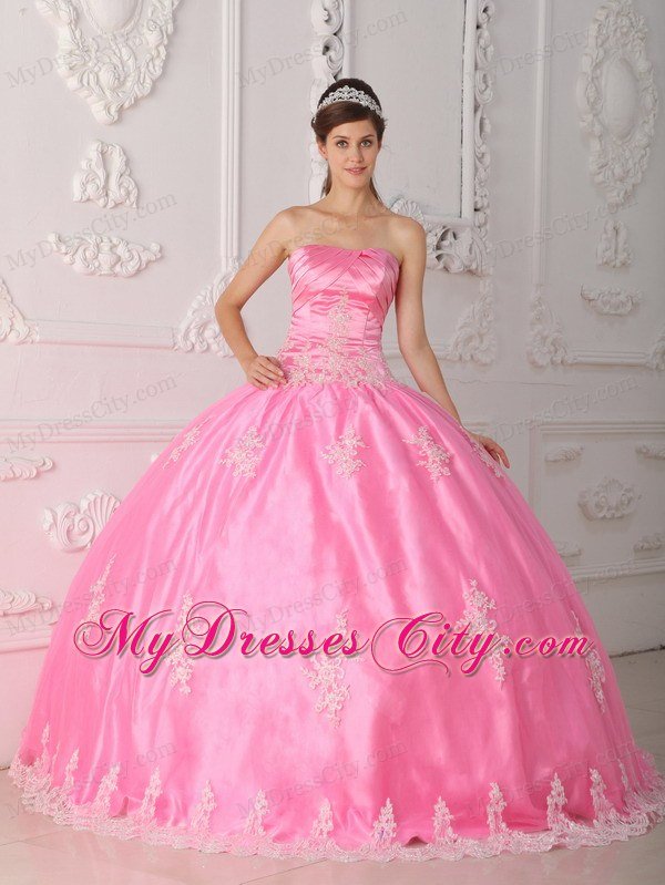 Pink Strapless Lace Appliques 2013 Pretty Quinceanera Dress