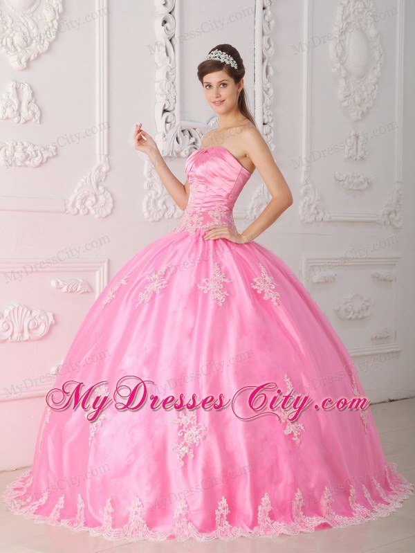 Pink Strapless Lace Appliques 2013 Pretty Quinceanera Dress