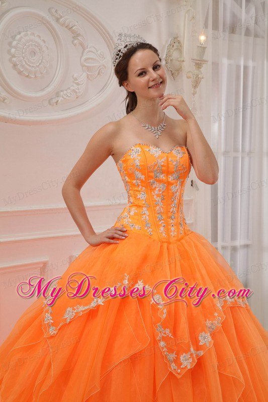 Orange Sweetheart Appliques Long Sweet 15 Dresses for Girl