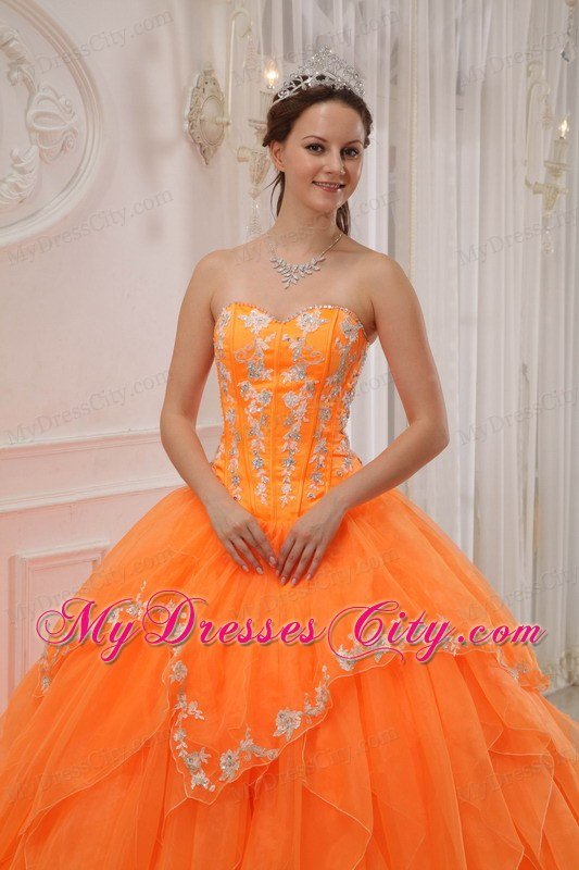 Orange Sweetheart Appliques Long Sweet 15 Dresses for Girl