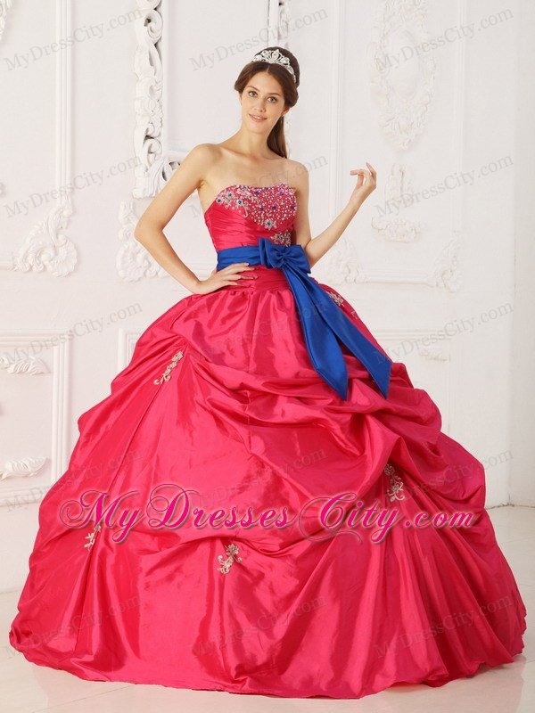 Coral Red Ball Gown Strapless Beading Sash Bow Quinceanera Dress