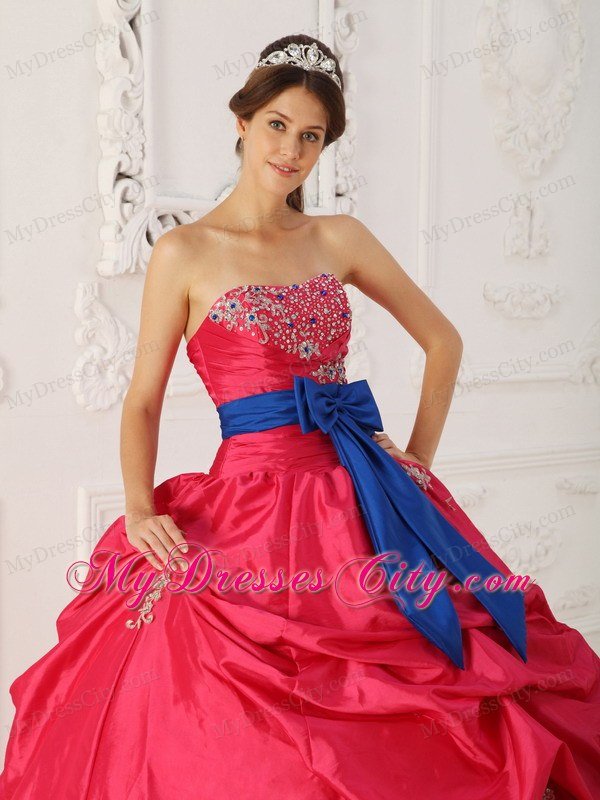 Coral Red Ball Gown Strapless Beading Sash Bow Quinceanera Dress