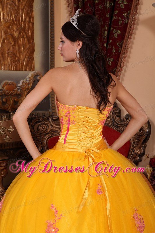 Yellow Strapless Lace Appliques Full Length Quinceanera Dress