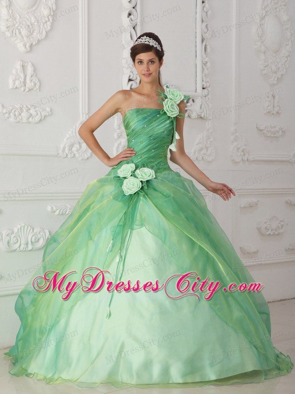 Dropped Waist Ball Gown One Shoulder Flowers Beaded Quinceanera Dresses