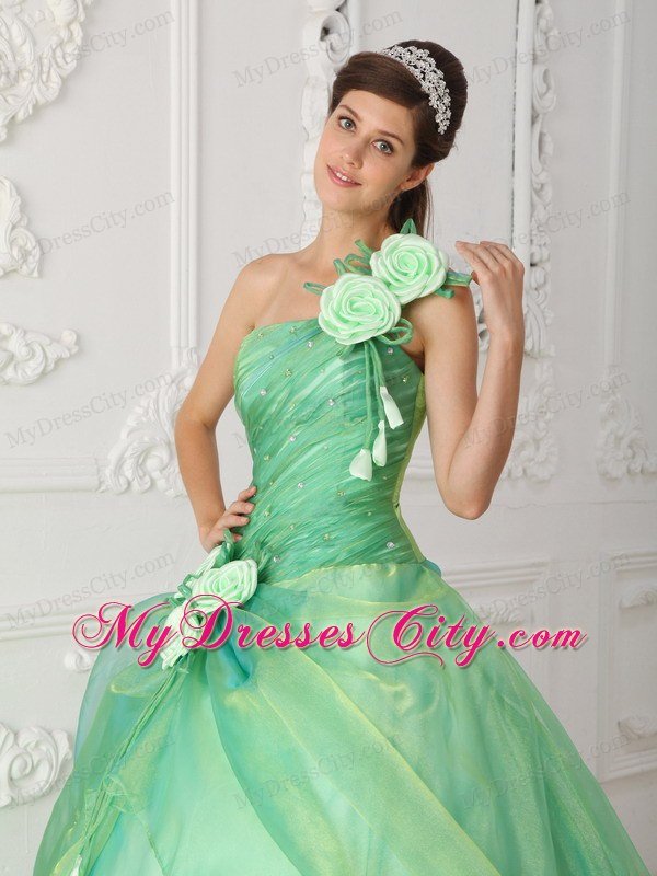 Dropped Waist Ball Gown One Shoulder Flowers Beaded Quinceanera Dresses