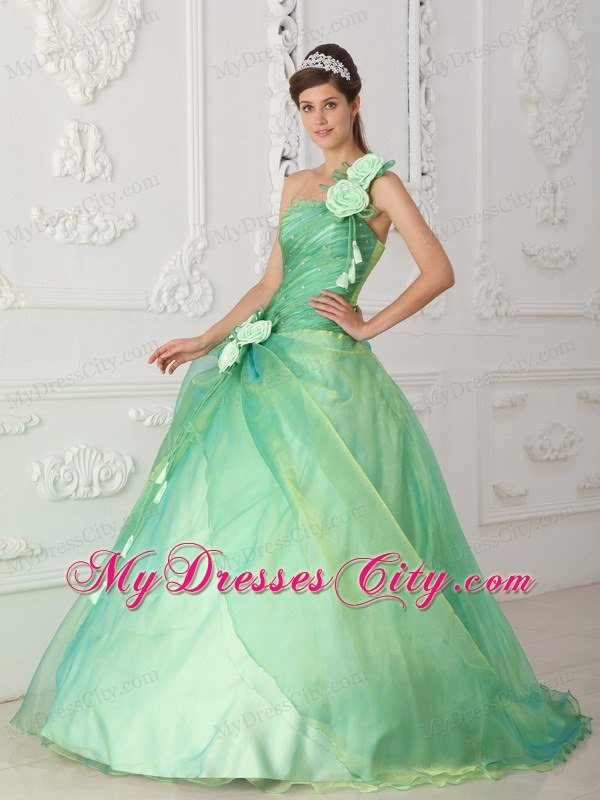 Dropped Waist Ball Gown One Shoulder Flowers Beaded Quinceanera Dresses