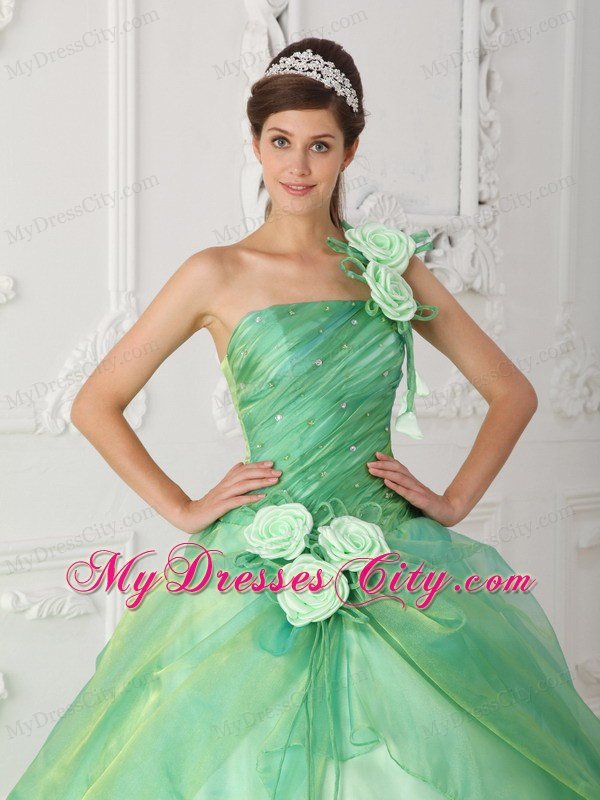 Dropped Waist Ball Gown One Shoulder Flowers Beaded Quinceanera Dresses