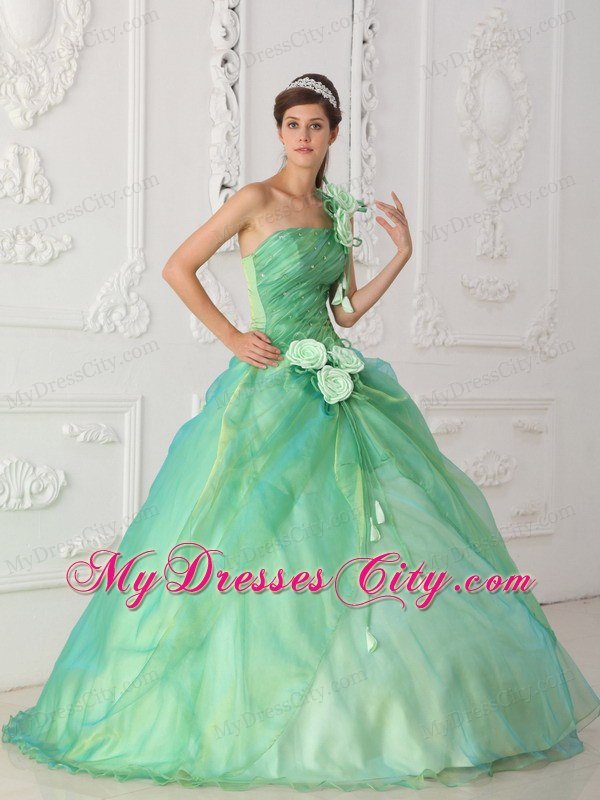 Dropped Waist Ball Gown One Shoulder Flowers Beaded Quinceanera Dresses