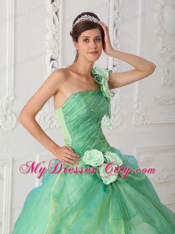 Dropped Waist Ball Gown One Shoulder Flowers Beaded Quinceanera Dresses