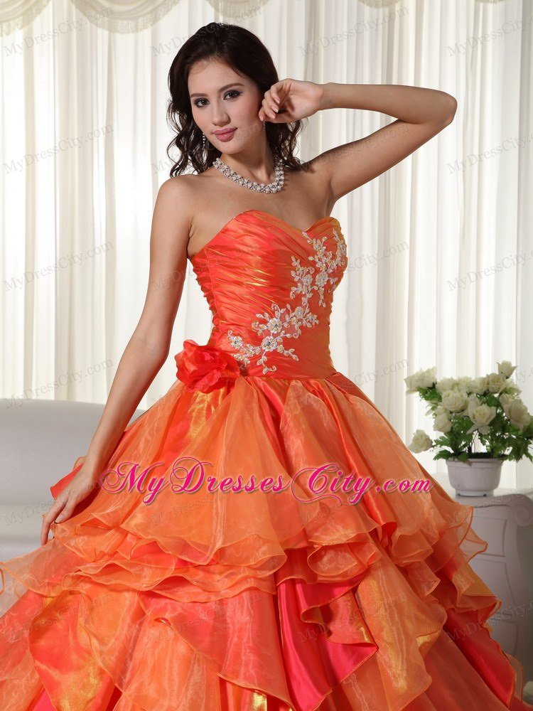 Orange Sweetheart Appliques Ruffles Natural Waist Quinceanera Dress