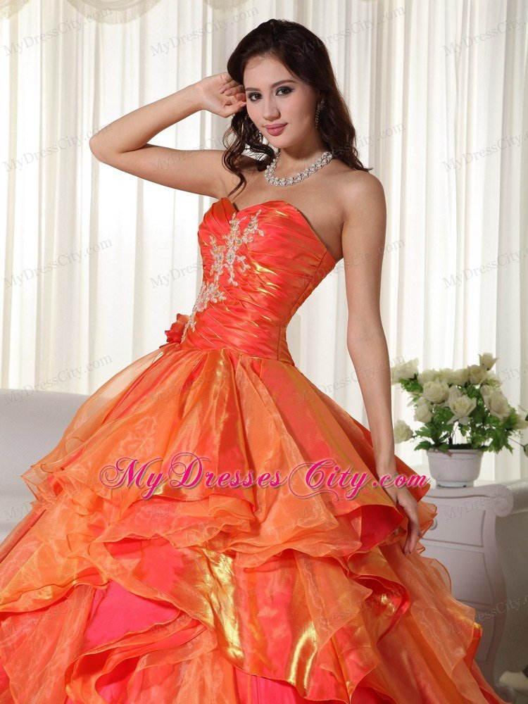 Orange Sweetheart Appliques Ruffles Natural Waist Quinceanera Dress