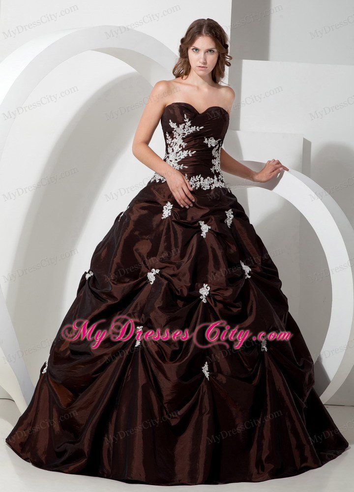Modest Sweetheart Silver Appliques Brown Dress for Quinceanera Party