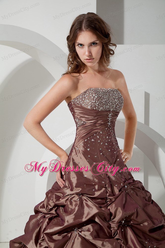 Brown Beading Long Pick-ups Quinceanera Dress for Sweet 15