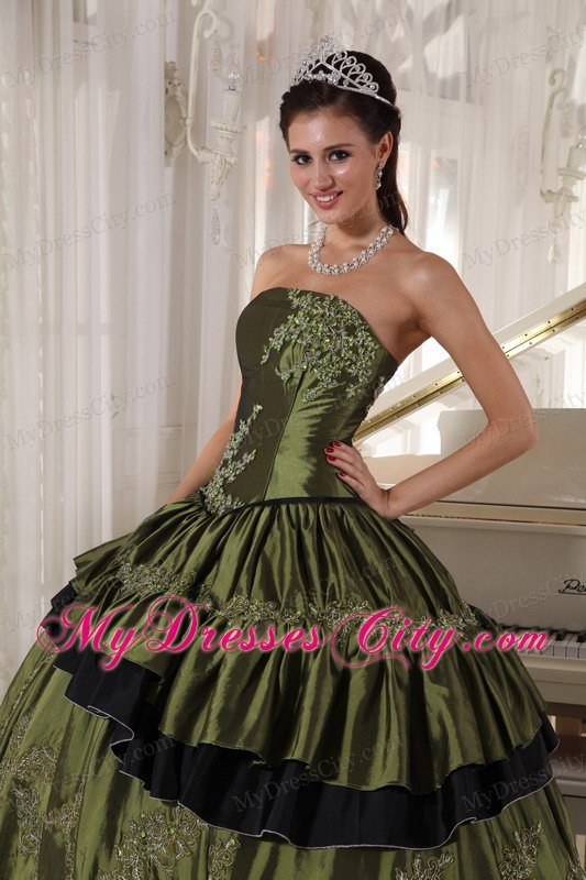 Olive Taffeta Strapless Beading and Appliques Quinceanera Dress