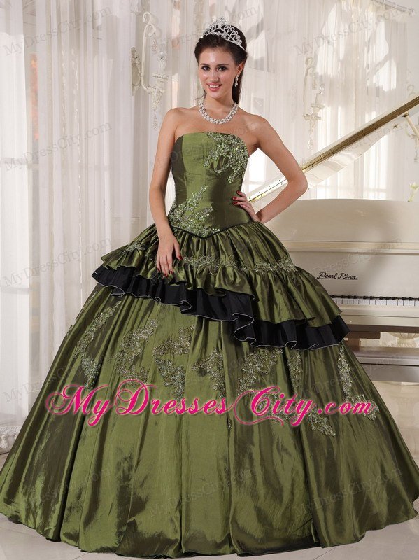 Olive Taffeta Strapless Beading and Appliques Quinceanera Dress