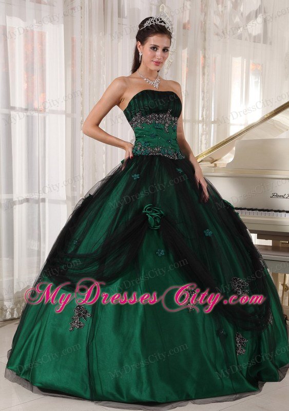 Strapless Tulle and Taffeta Appliques Puffy Green Quinceanera Dress