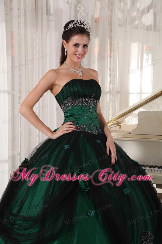 Strapless Tulle and Taffeta Appliques Puffy Green Quinceanera Dress